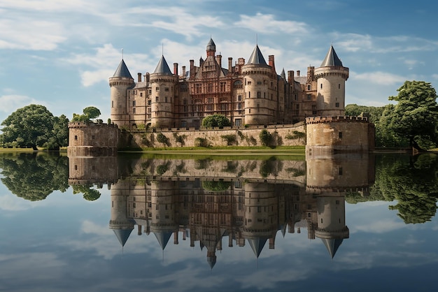 Un castillo medieval a orillas de un lago.