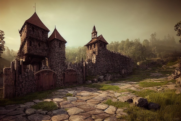 Castillo medieval con una puerta de madera en un muro de piedra bajo un sombrío cielo gris 3d ilustración