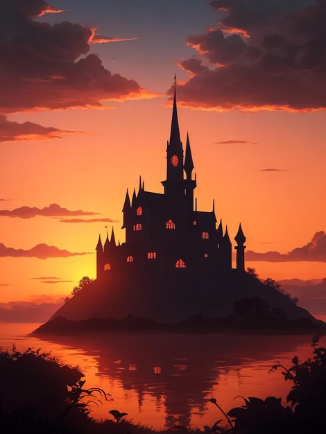 un castillo medieval solo en una isla desierta en el medio del océano al atardecer