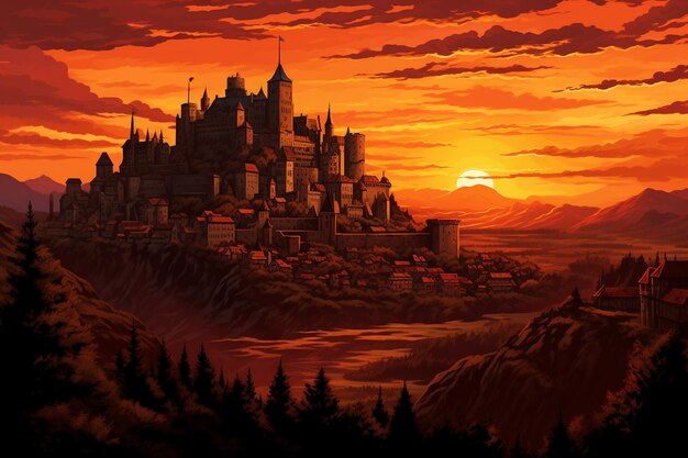 Foto castillo medieval con torretas y almenas bajo una puesta de sol naranja