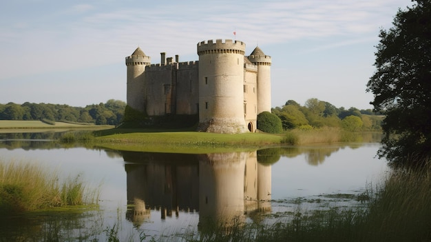 Un castillo en medio de un lago.