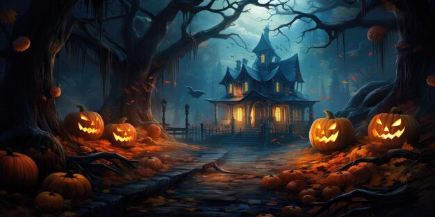 Castillo misterioso con fantasmas y calabazas luna azul Halloween IA generativa