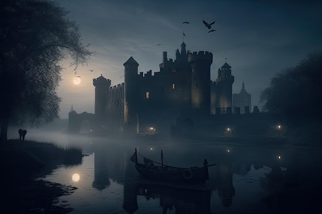 Castillo misterioso a la luz de la luna rodeado de niebla y custodiado por águilas vigilantes generativo IA