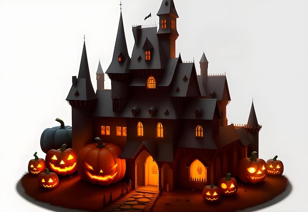 castillo místico de halloween con calabaza en fondo blanco ai generado