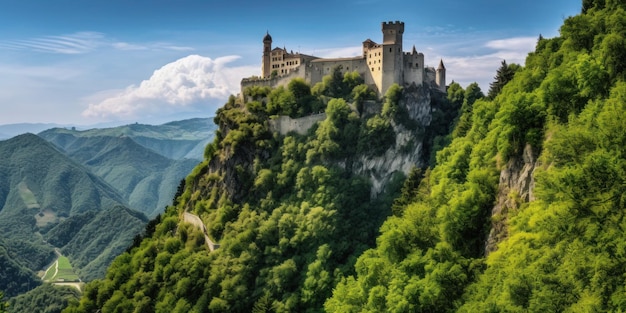 Un castillo en una montaña con un cielo azul de fondo