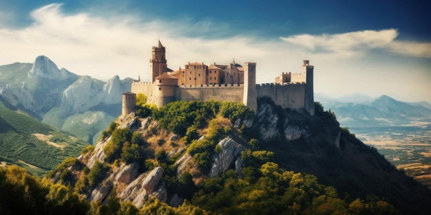 Un castillo en una montaña con un cielo nublado al fondo.