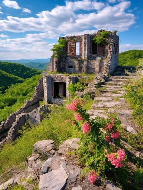 Foto un castillo en una montaña con flores y un fondo de cielo