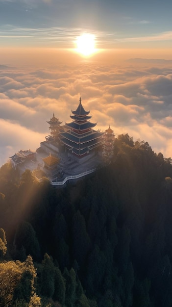 Un castillo en una montaña con el sol brillando a través de las nubes.