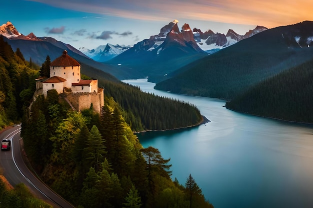 Un castillo en una montaña con vistas a un lago con montañas al fondo