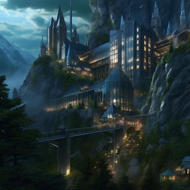 Un castillo en las montañas con un puente que dice "Harry Potter"