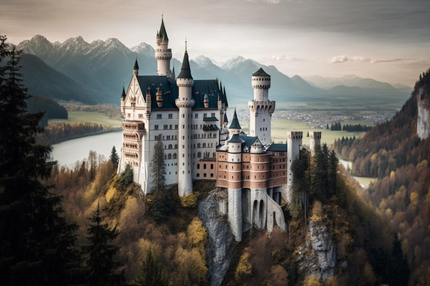 Castillo de Neuschwanstein en una colina con montañas al fondo