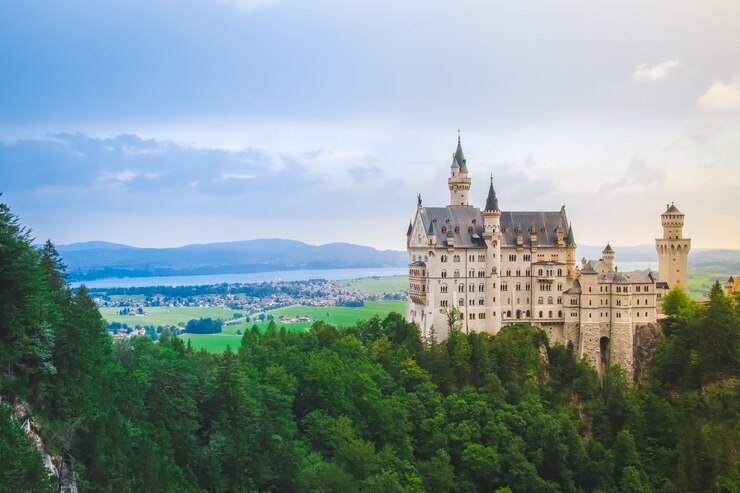 Castillo de Neuschwanstein en paisaje de verano cerca de Munich en Baviera, Alemania