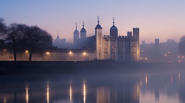 Foto castillo en la niebla de la noche