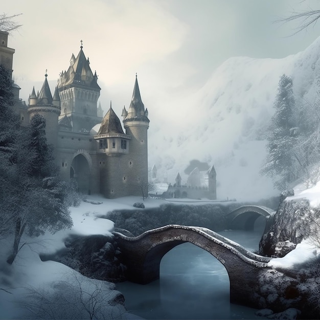 Un castillo con nieve y un puente al fondo.