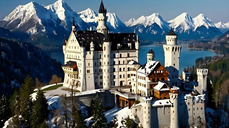 Foto un castillo con nieve en el techo y montañas en el fondo