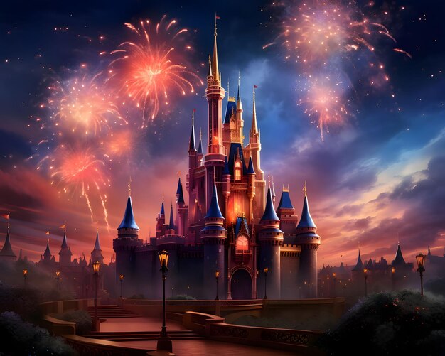 El castillo por la noche contra el telón de fondo de disparos de fuegos artificiales coloridos Año Nuevo diversión y festividades