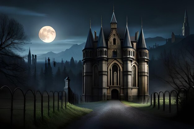 Un castillo en la noche con la luna detrás