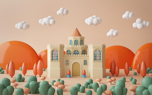 Castillo con nube y árbol en fairy tail3d renderización