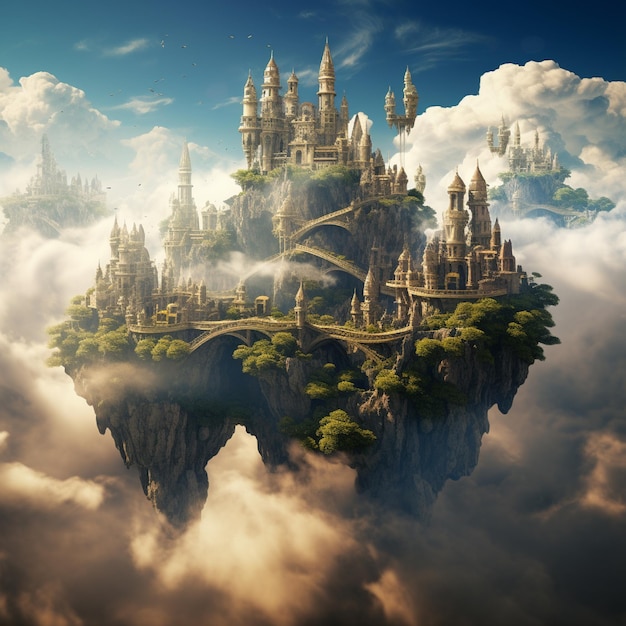 Un castillo en las nubes con islas flotantes