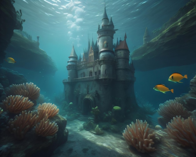 Un castillo en el océano con un castillo en el fondo.