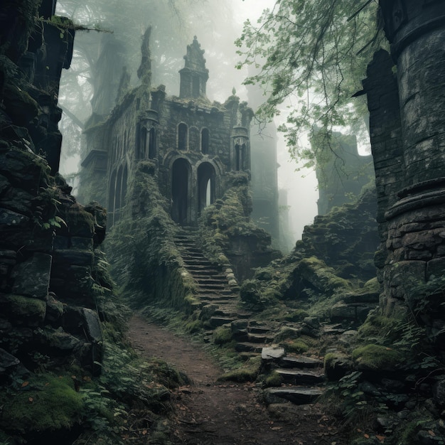 Castillo olvidado escondido en lo profundo de un bosque brumoso