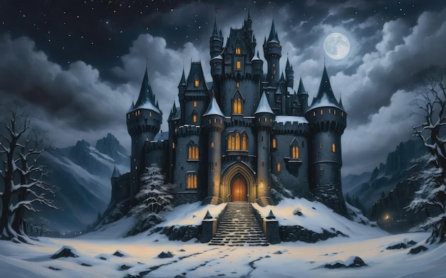 Castillo oscuro en una noche de nieve Pintura al óleo