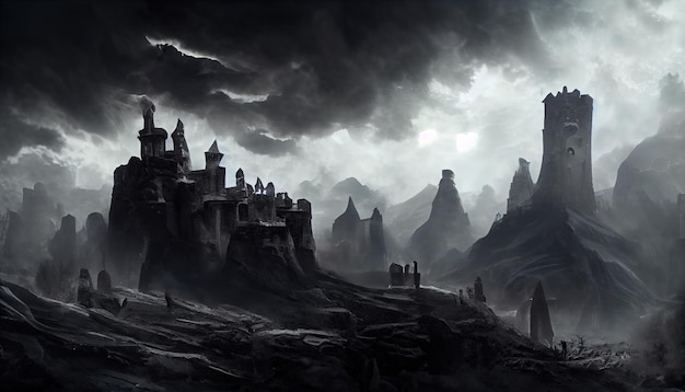 Castillo oscuro en el valle atmósfera sombría del infierno ilustración digital
