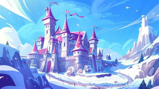 Un castillo en un paisaje montañoso en un país de las maravillas de invierno Ilustración de dibujos animados modernos de un palacio real de cuento de hadas con torres un fondo rocoso cubierto de nieve y hielo el viento corriendo a través del