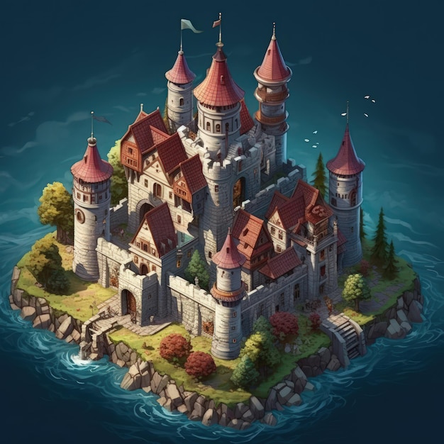 Un castillo en una pequeña isla con un cielo azul y árboles al fondo.