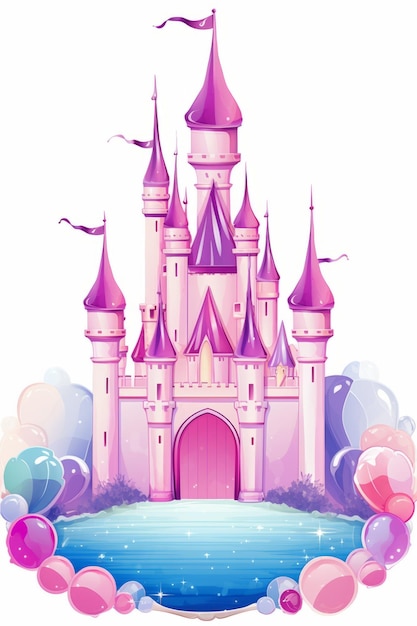 Foto castillo de la princesa con globos sobre un fondo blanco