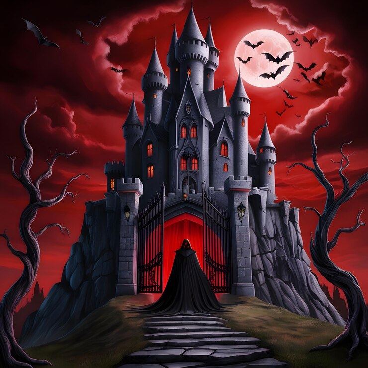 un castillo con una puerta roja y murciélagos en la parte delantera