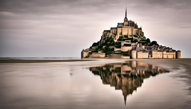 Foto un castillo se refleja en el agua en una playa