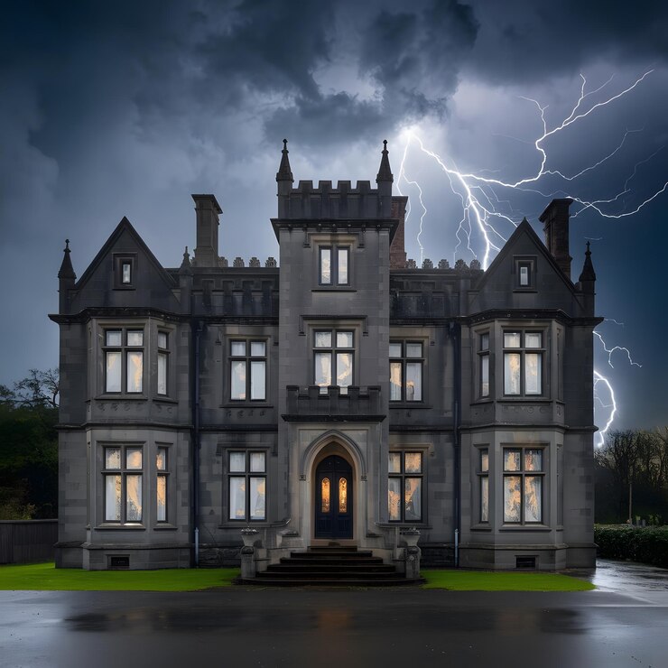 un castillo con relámpagos en el cielo y un edificio oscuro con un rayo en el fondo