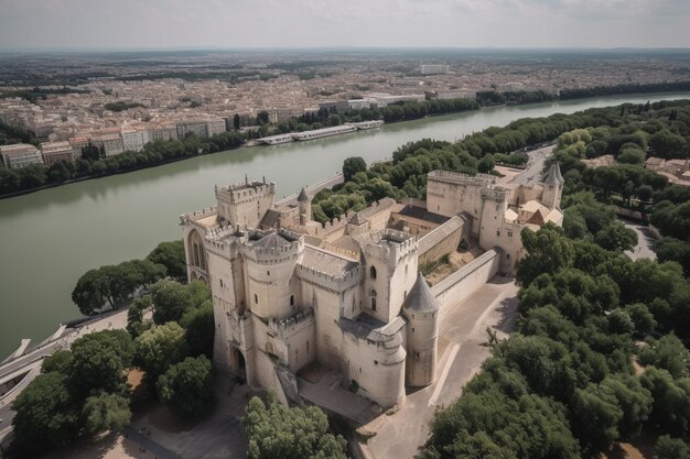 Un castillo con un río al fondo.