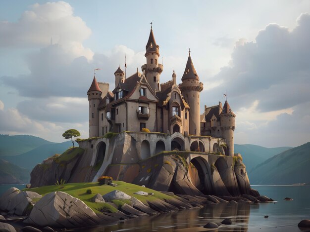 un castillo en una roca en el medio de un lago