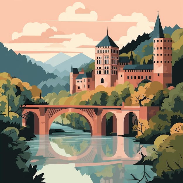 El castillo romántico de Heidelberg y el viejo puente Vista