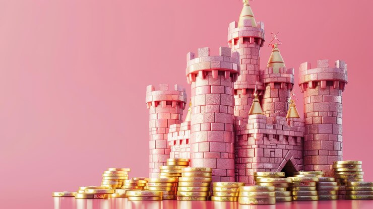 Castillo rosado con pilas de monedas de oro en un fondo rosado Riqueza y concepto de cuento de hadas Fotografía de estudio