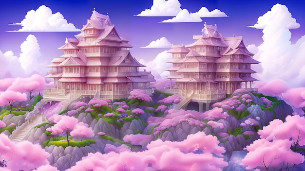 Foto castillo de sakura de cuento de hadas en las nubes