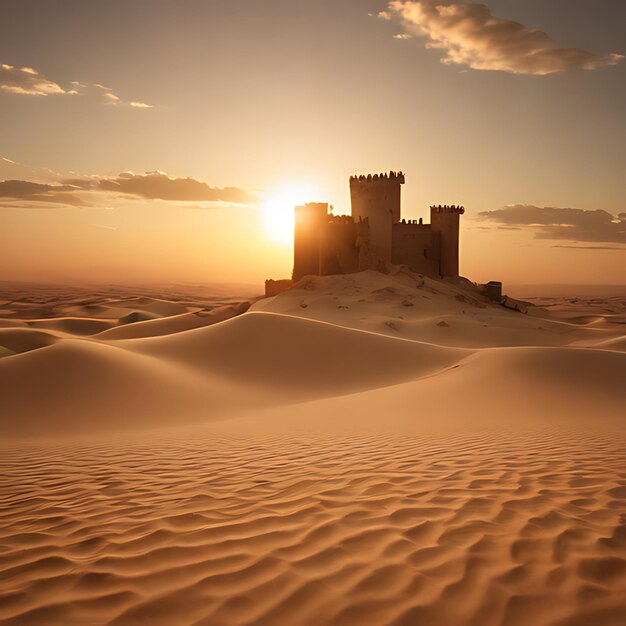 un castillo se sienta en la arena al atardecer