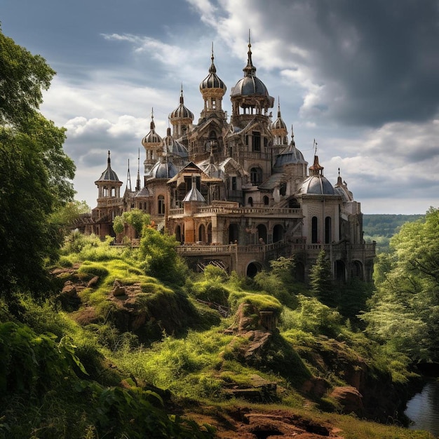 Foto un castillo se sienta en una colina con árboles y arbustos a su alrededor