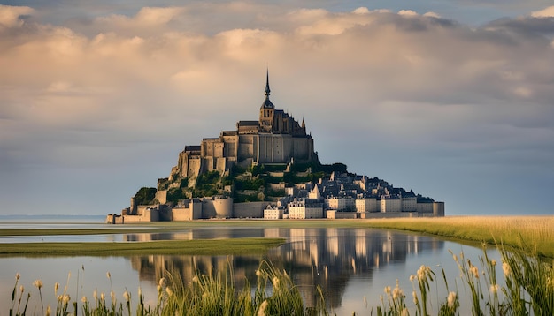 Foto un castillo se sienta en un lago con un reflejo del cielo en el agua