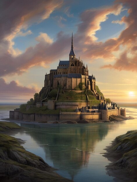Foto un castillo se sienta en una roca en el agua con el sol poniéndose detrás de él