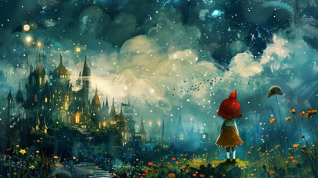 un castillo con un sombrero rojo en él y una chica con un Sombrero Rojo está mirando al cielo