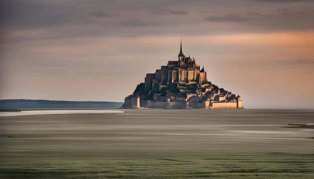 Foto un castillo con un techo puntiagudo se sienta en el medio de un lago