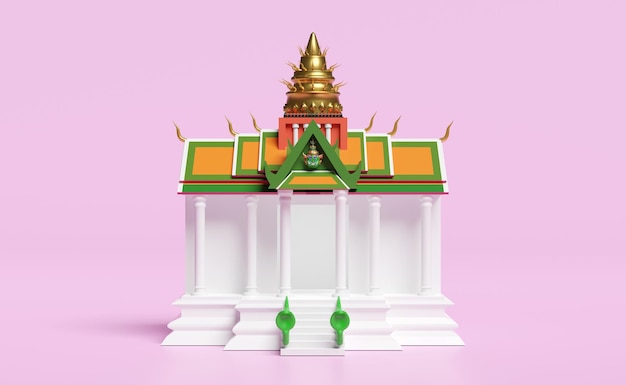 Castillo de templo tailandés en 3D con cabeza gigante y serpiente aislada en fondo rosa