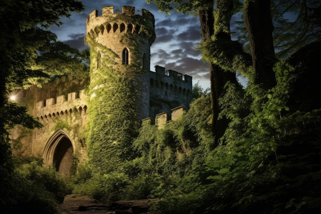 Un castillo con una torre de piedra y una puerta rodeada de árboles.