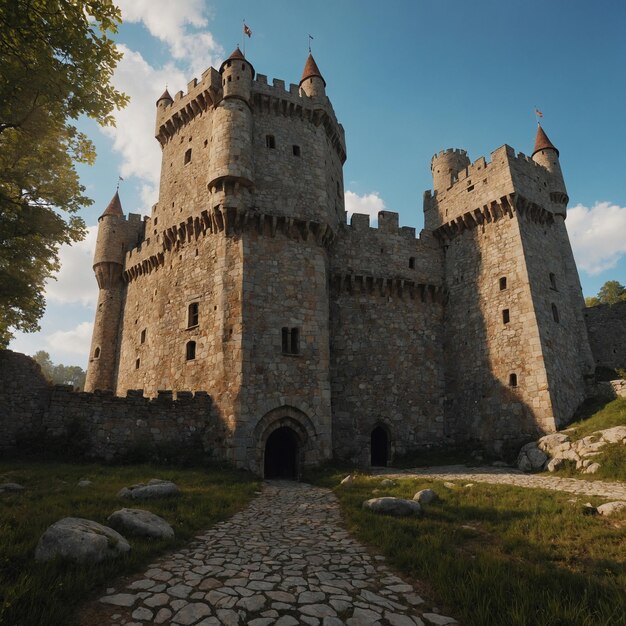 Foto un castillo con una torre que tiene una bandera en él