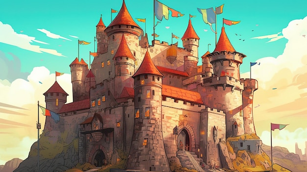 Un castillo con torretas y banderas Concepto de fantasía Ilustración pintura IA generativa