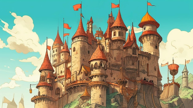 Un castillo con torretas y banderas Concepto de fantasía Ilustración pintura IA generativa