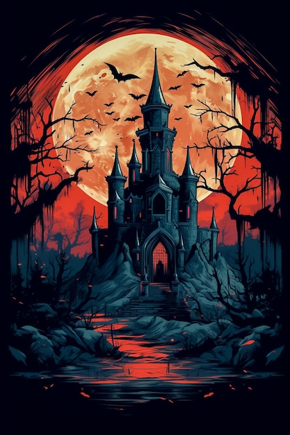 Castillo de vampiros con luna de sangre y murciélagos volando para Halloween con una noche de cementerio generada por Ai